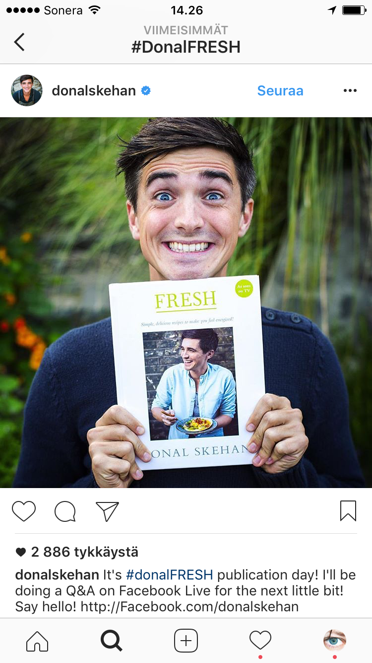 Livevideolähetyksen markkinointi etukäteen: Donal Skehan markkinoi Instagram-päivityksellään Facebook Live -lähetystä