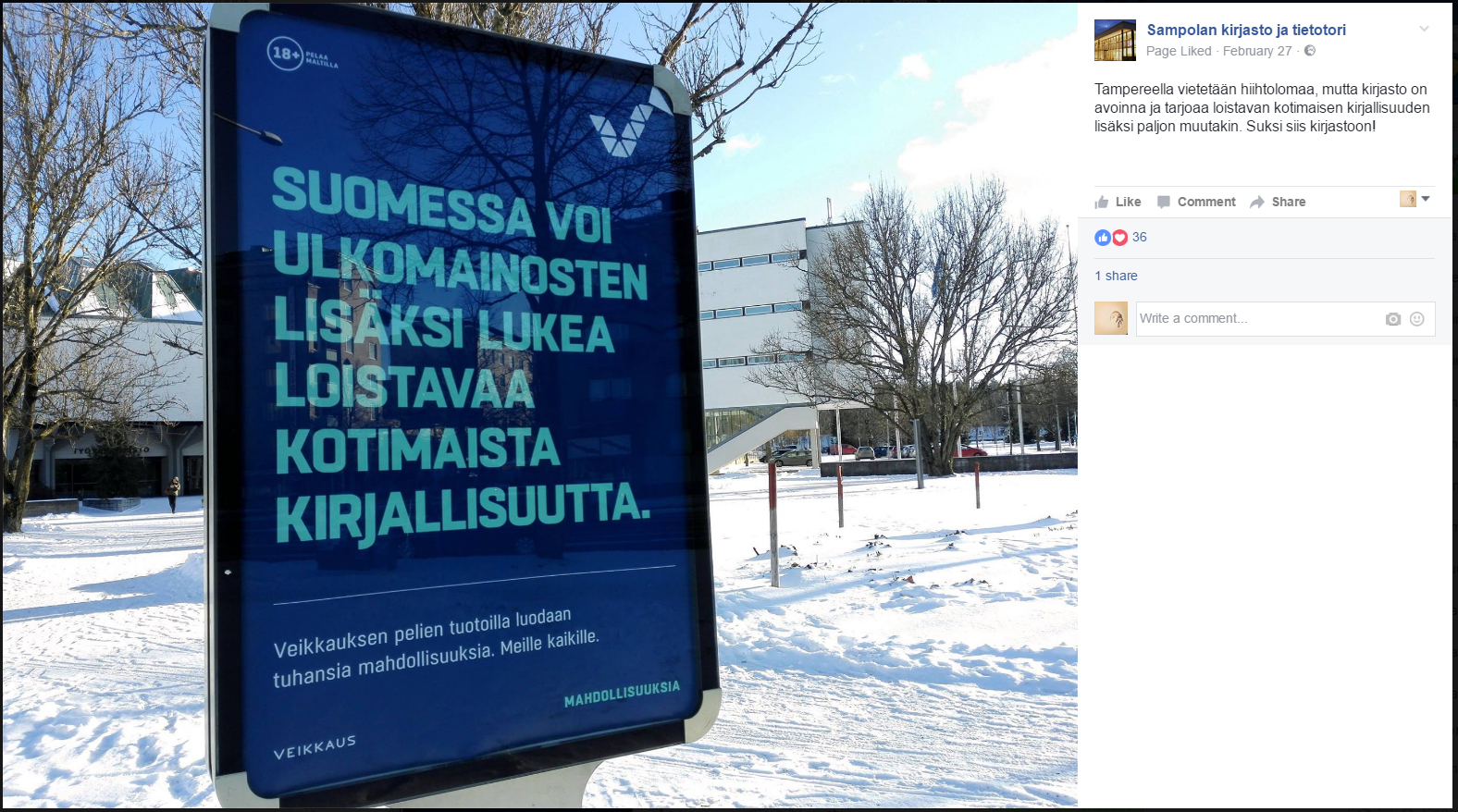 Sampolan kirjasto mainitsi mainoksen, jossa viitattiin vain kirjallisuuteen